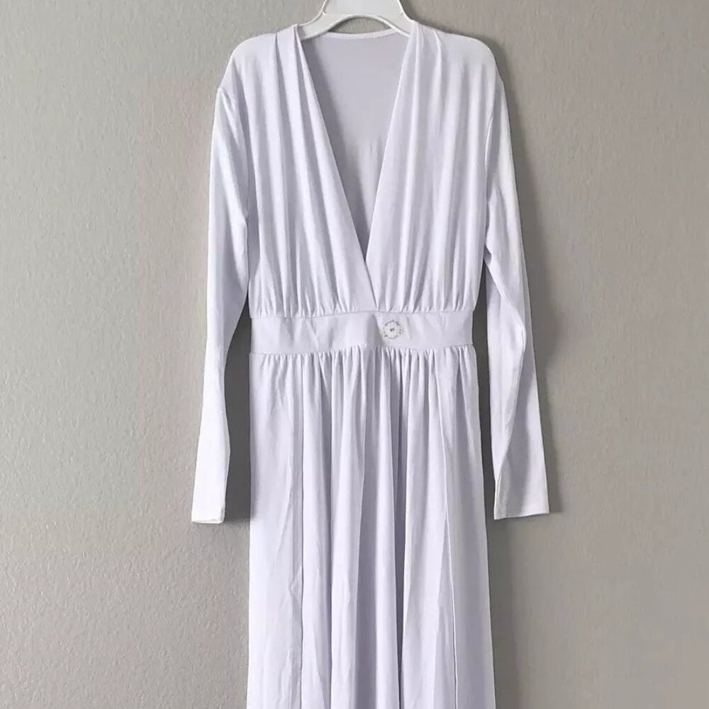 Women’s Stretch High Split Sides Deep V Neck Long Sleeves White Maxi Dress S